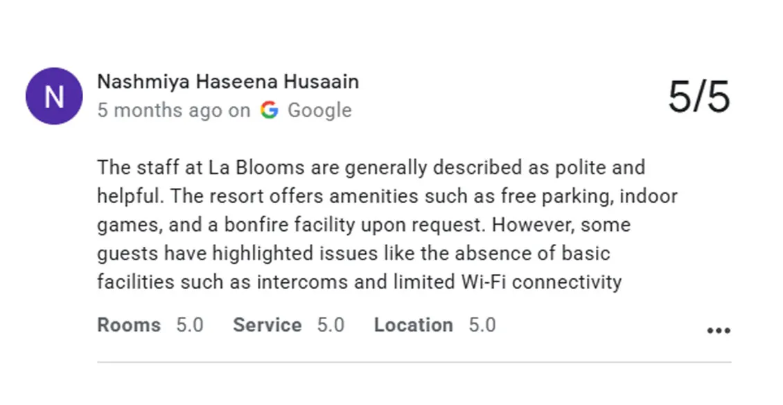 Traveler review highlighting calm ambiance and nature views in Ooty